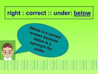 right : correct :: under: below
 