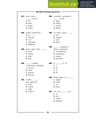 417. haste : waste ::
______ : crowd
a. fast
b. three
c. group
d. makes
418. whoop : exuberance ::
keen : ______
a. whoops
b. neat
c. mourning
d. diffidence
419. purse : super :: plea : ______
a. avoid
b. charity
c. help
d. leap
420. ______ : rainfall ::
condensation : humidity
a. erosion
b. cloud
c. ground
d. forecast
421. reveille : ______ ::
taps : lights out
a. dance
b. sunrise
c. night
d. awaken
422. cruiseliner : passengers ::
______ : books
a. agent
b. author
c. volume
d. library
423. no : know :: steal : ______
a. rob
b. negative
c. steel
d. don’t
424. ______ : navigation ::
abacus : calculation
a. circumference
b. automation
c. sextant
d. hydration
425. 6 : ______ :: 8 : 18
a. 2
b. 10
c. 12
d. 16
426. binge : begin :: tea : ______
a. supper
b. coffee
c. eat
d. water
427. son : sun :: ______ : sew
a. so
b. sob
c. needle
d. daughter
90
501 Word Analogy Questions
 