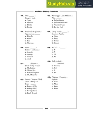 101
488. Om : ______ ::
Ganges : India
a. Spain
b. Sweden
c. Hindu
d. Russia
489. Waterloo : Napoleon ::
Appomattox : ______
a. Lincoln
b. Grant
c. Lee
d. Sherman
490. Mohs : ______ ::
Richter : earthquake
a. intensity
b. damage
c. mineral
d. wind
491. ______ : highest ::
Death Valley : lowest
a. Mt. Rainier
b. Mauna Kea
c. Lake Champlain
d. Mt. McKinley
492. Samuel Clemens : Mark
Twain :: Mary Ann
Evans : ______
a. Eudora Welty
b. George Eliot
c. George Sand
d. Emily Brontë
493. Mississippi : Gulf of Mexico ::
Nile : ______
a. Indian Ocean
b. Mediterranean Sea
c. Atlantic Ocean
d. Persian Gulf
494. Crazy Horse : ______ ::
Cochise : Apache
a. Sioux
b. Inuit
c. Navajo
d. Custer
495. M : L :: C : ______
a. V
b. X
c. M
d. VI
496. 2nd : ordinal ::
______ : cardinal
a. fraction
b. 3rd
c. 2
d. 1st
497. Neptune : Poseidon ::
Jupiter : ______
a. Nike
b. Mars
c. Zeus
d. Hera
501 Word Analogy Questions
 