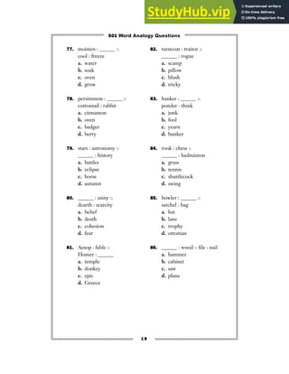77. moisten : ______ ::
cool : freeze
a. water
b. soak
c. oven
d. grow
78. persimmon : ______ ::
cottontail : rabbit
a. cinnamon
b. oven
c. badger
d. berry
79. stars : astronomy ::
______ : history
a. battles
b. eclipse
c. horse
d. autumn
80. ______ : unity ::
dearth : scarcity
a. belief
b. death
c. cohesion
d. fear
81. Aesop : fable ::
Homer : ______
a. temple
b. donkey
c. epic
d. Greece
82. turncoat : traitor ::
______ : rogue
a. scamp
b. pillow
c. blush
d. tricky
83. hanker : ______ ::
ponder : think
a. junk
b. fool
c. yearn
d. bunker
84. rook : chess ::
______ : badminton
a. grass
b. tennis
c. shuttlecock
d. swing
85. bowler : ______ ::
satchel : bag
a. hat
b. lane
c. trophy
d. ottoman
86. ______ : wood :: file : nail
a. hammer
b. cabinet
c. saw
d. plane
18
501 Word Analogy Questions
 
