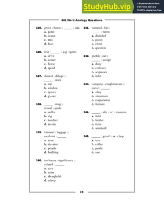 135. grove : forest :: ______ : lake
a. pond
b. ocean
c. tree
d. boat
136. trot : ______ :: jog : sprint
a. drive
b. canter
c. horse
d. speed
137. shower : deluge ::
______ : stare
a. wet
b. window
c. ignore
d. glance
138. ______ : mug ::
trowel : spade
a. coffee
b. dig
c. tumbler
d. tavern
139. carousel : luggage ::
escalator : ______
a. raise
b. elevator
c. people
d. building
140. irrelevant : significance ::
relaxed : ______
a. care
b. calm
c. thoughtful
d. asleep
141. pummel : hit ::
______ : recite
a. disbelief
b. poem
c. chant
d. question
142. gobble : eat ::
______ : accept
a. deny
b. embrace
c. acquiesce
d. infer
143. company : conglomerate ::
metal : ______
a. alloy
b. aluminum
c. corporation
d. furnace
144. ______ : silo :: art : museum
a. field
b. fodder
c. farm
d. windmill
145. ______ : grind :: ax : chop
a. tree
b. coffee
c. pestle
d. saw
28
501 Word Analogy Questions
 