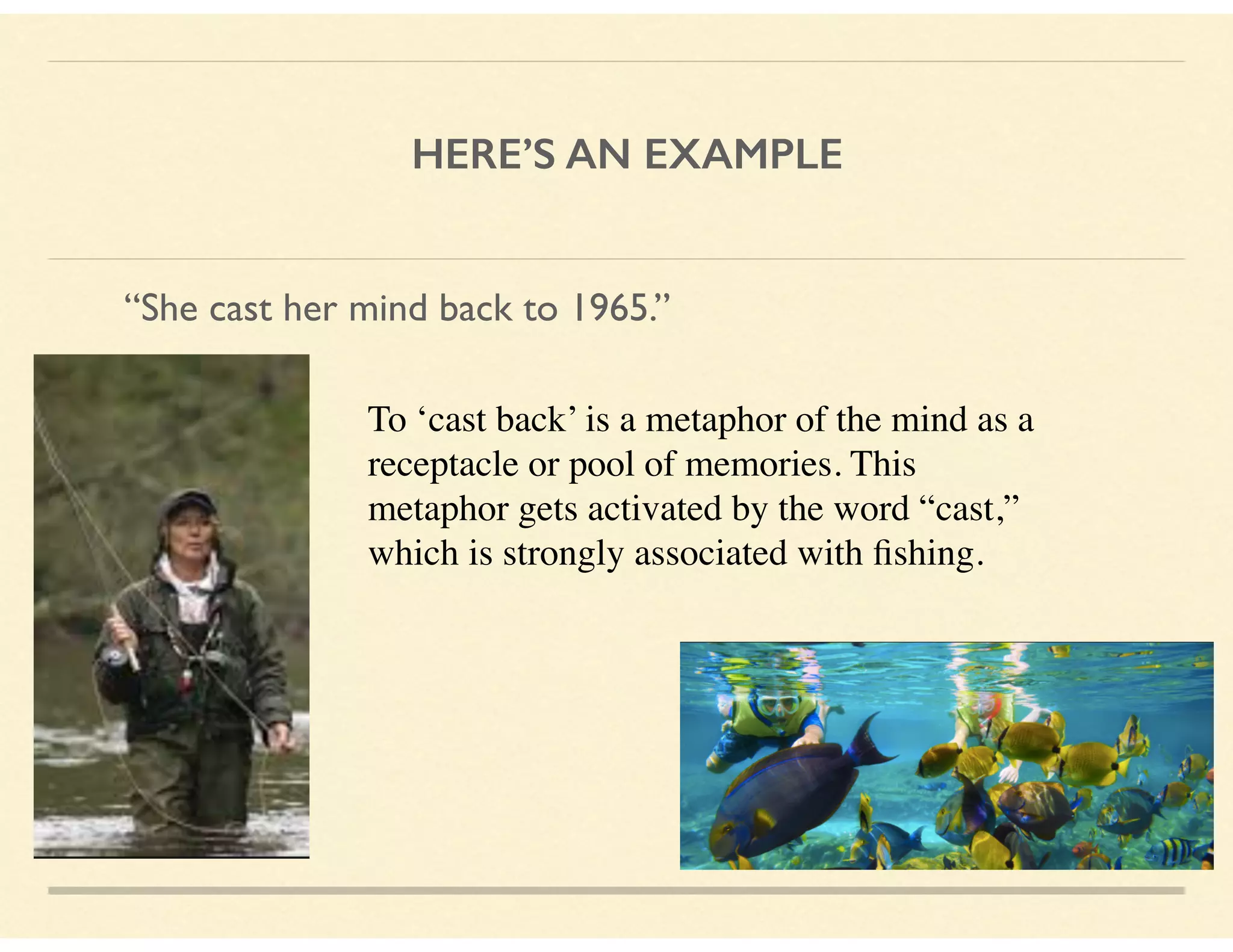 HERE’S AN EXAMPLE
“She cast her mind back to 1965.”
To ‘cast back’ is a metaphor of the mind as a
receptacle or pool of memories. This
metaphor gets activated by the word “cast,”  
which is strongly associated with ﬁshing.
 