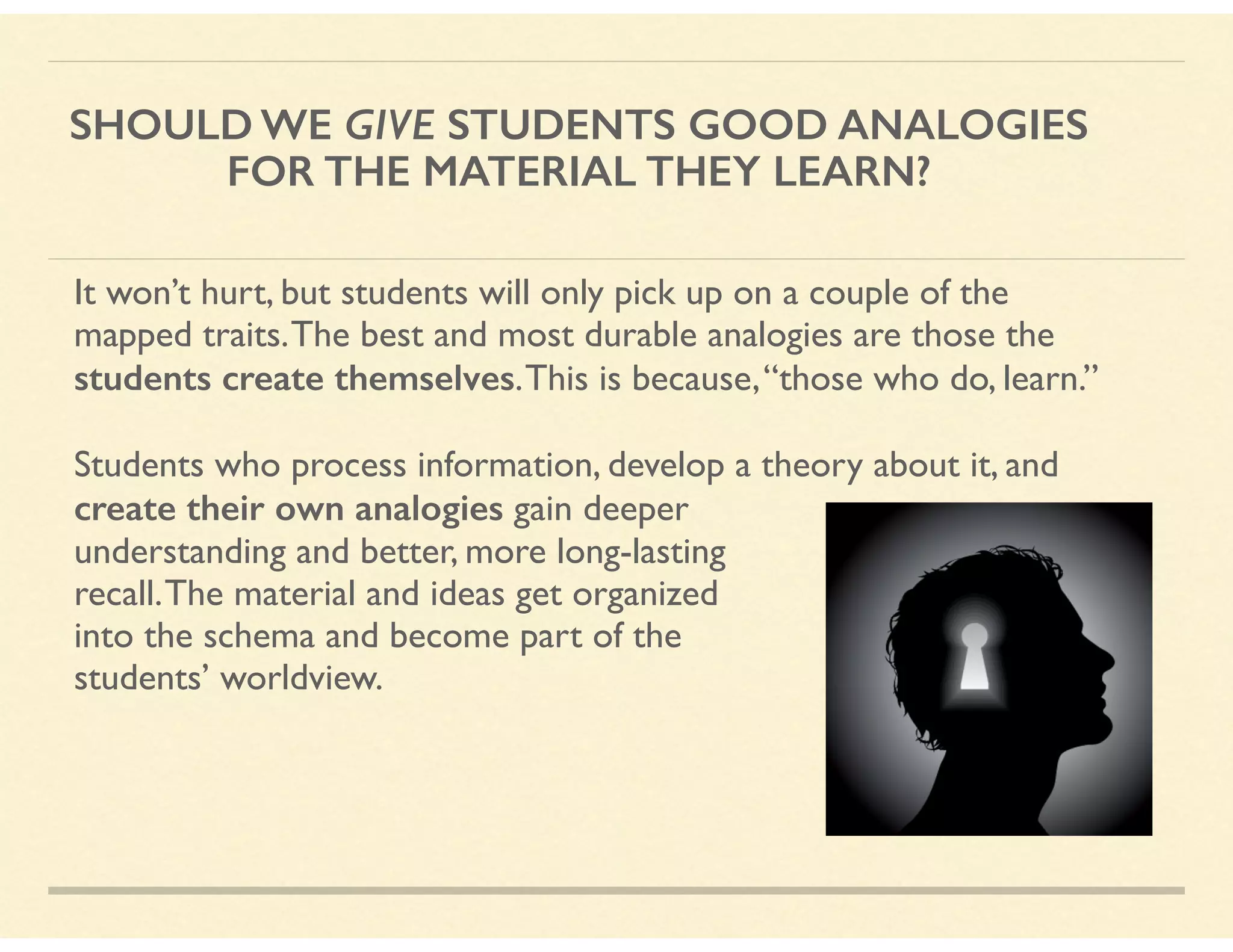 SHOULD WE GIVE STUDENTS GOOD ANALOGIES  
FOR THE MATERIAL THEY LEARN?
It won’t hurt, but students will only pick up on a couple of the
mapped traits.The best and most durable analogies are those the
students create themselves.This is because,“those who do, learn.”
Students who process information, develop a theory about it, and
create their own analogies gain deeper  
understanding and better, more long-lasting  
recall.The material and ideas get organized  
into the schema and become part of the  
students’ worldview.
 