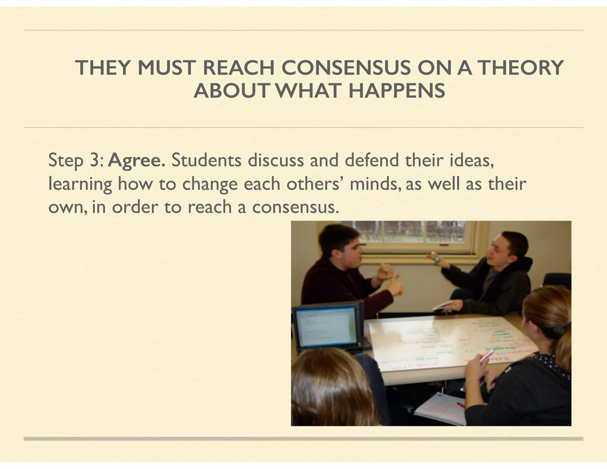 THEY MUST REACH CONSENSUS ON A THEORY
ABOUT WHAT HAPPENS
Step 3: Agree. Students discuss and defend their ideas,
learning how to change each others’ minds, as well as their
own, in order to reach a consensus.
 