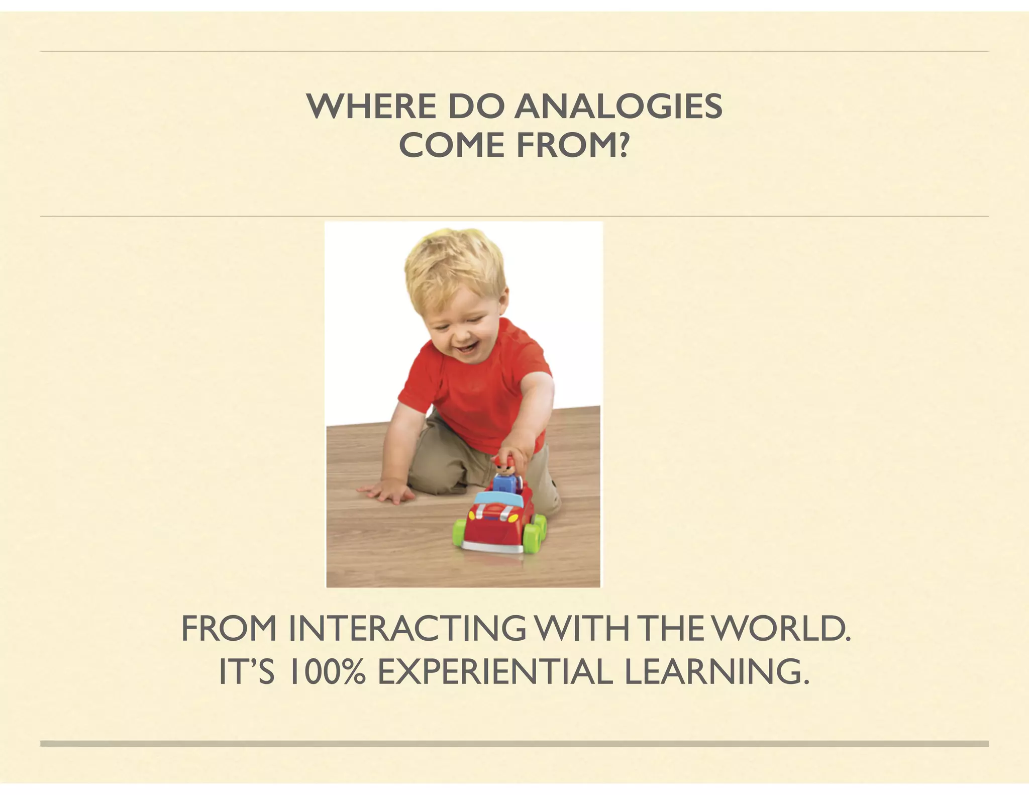 WHERE DO ANALOGIES
COME FROM?
FROM INTERACTING WITH THE WORLD.  
IT’S 100% EXPERIENTIAL LEARNING.
 