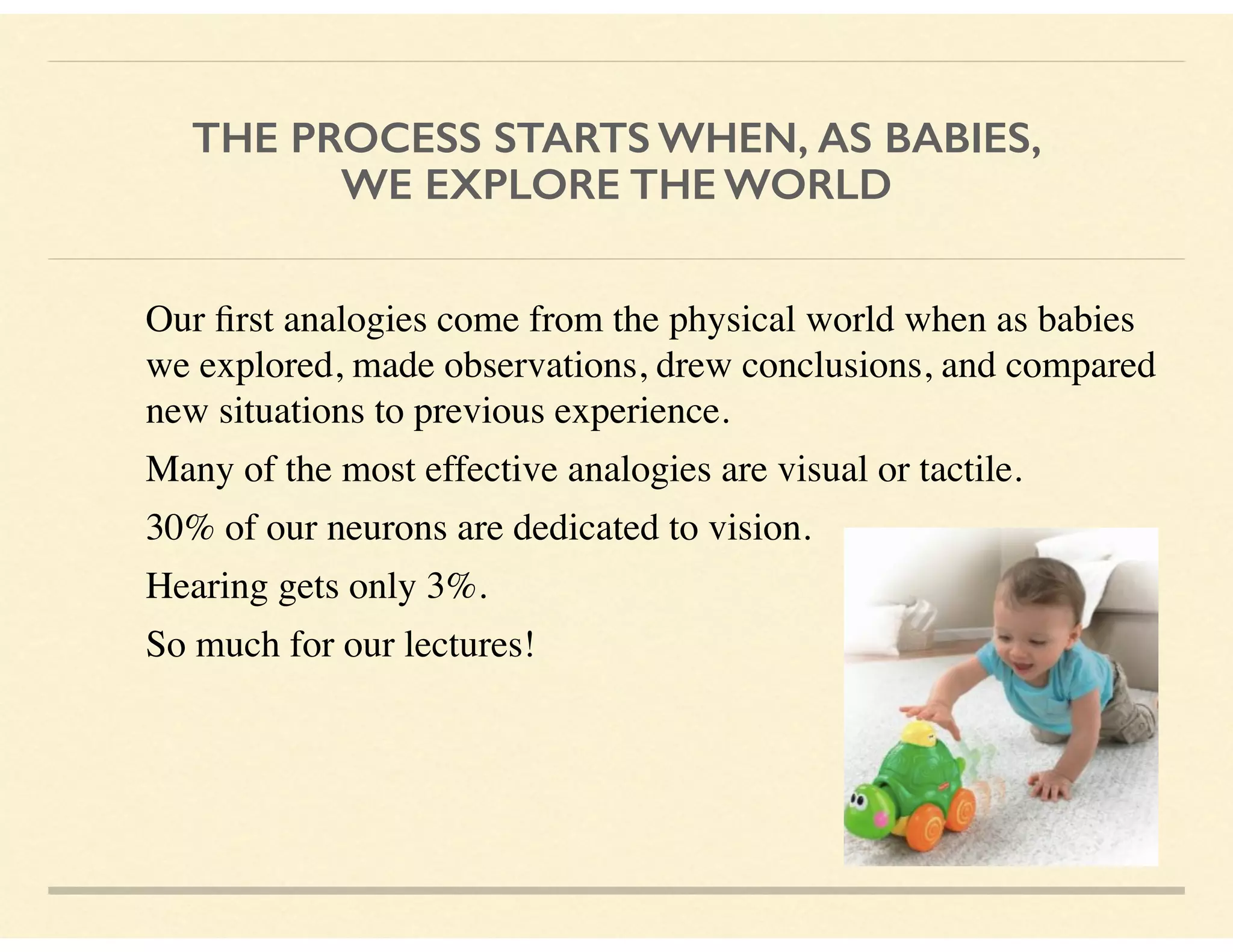 THE PROCESS STARTS WHEN, AS BABIES,
WE EXPLORE THE WORLD
Our ﬁrst analogies come from the physical world when as babies
we explored, made observations, drew conclusions, and compared
new situations to previous experience.
Many of the most effective analogies are visual or tactile.
30% of our neurons are dedicated to vision.
Hearing gets only 3%.
So much for our lectures!
 