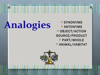 Analogies
O SYNONYMS
O ANTONYMS
O OBJECT/ACTION
SOURCE/PRODUCT
O PART/WHOLE
O ANIMAL/HABITAT
 
