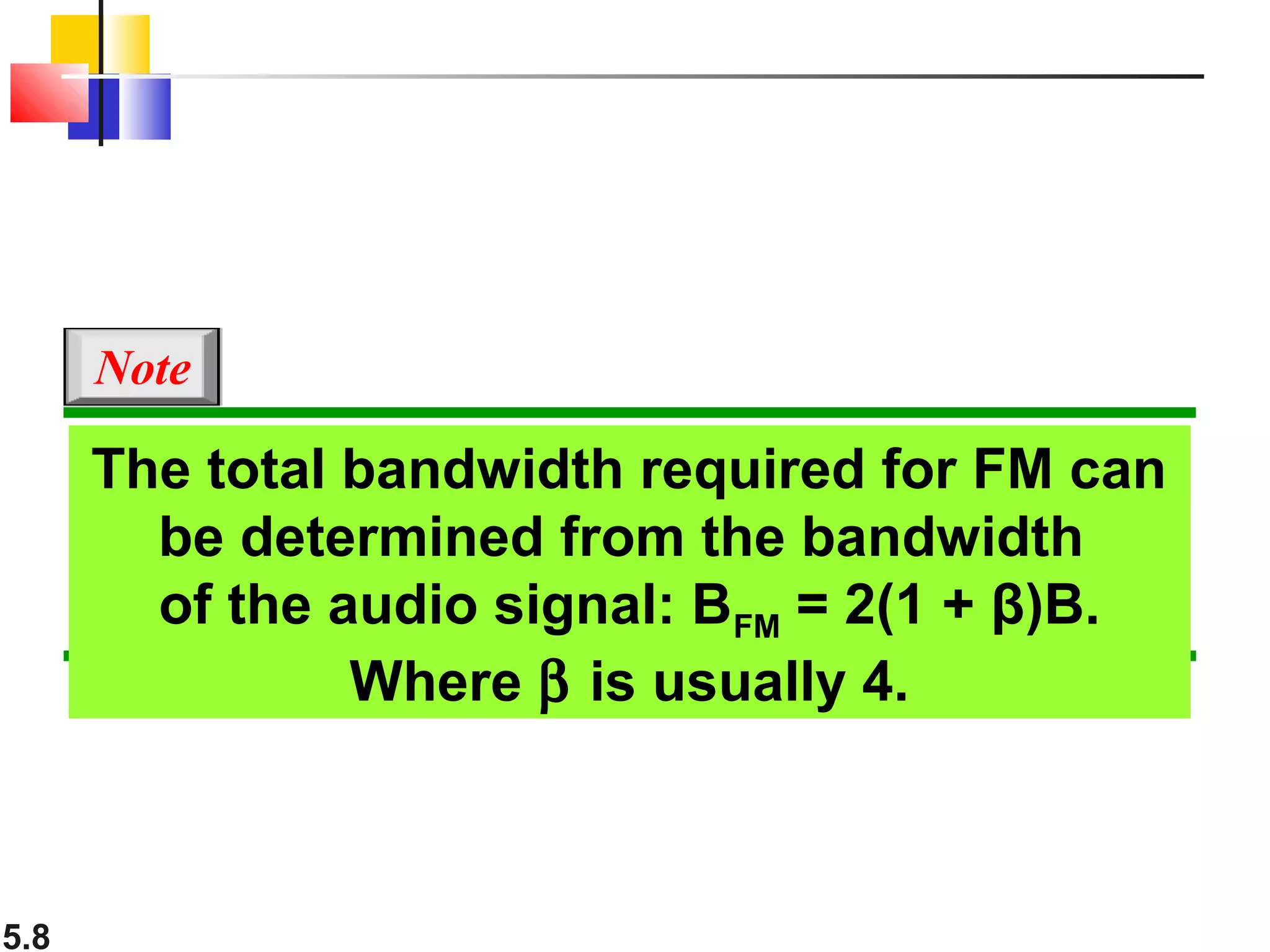 5.8
The total bandwidth required for FM can
be determined from the bandwidth
of the audio signal: BFM = 2(1 + β)B.
Where β is usually 4.
Note
 