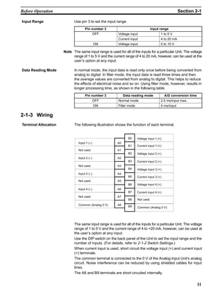 11
Use pin 3 to set the input range.
Pin number 3 Input range
OFF Voltage input 1 to 5 V
Current input 4 to 20 mA
ON Voltage input 0 to 10 V
Note The same input range is used for all of the inputs for a particular Unit. The voltage
range of 1 to 5 V and the current range of 4 to 20 mA, however, can be used at the
user’s option at any input.
In normal mode, the input data is read only once before being converted from
analog to digital. In filter mode, the input data is read three times and then
the average values are converted from analog to digital. This helps to reduce
the effects of electrical noise and so on. Using filter mode, however, results in
longer processing time, as shown in the following table.
Pin number 3 Data reading mode A/D conversion time
OFF Normal mode 2.5 ms/input max.
ON Filter mode 4 ms/input
2-1-3 Wiring
The following illustration shows the function of each terminal.
A0
A2
A4
A6
A8
B0
B2
B4
B6
B9
B1
B3
B5
B7
B8
A7
A5
A3
A1
Input 1 (–)
Not used.
Input 2 (–)
Not used.
Input 3 (–)
Not used.
Input 4 (–)
Not used.
Common (Analog 0 V)
Voltage input 1 (+)
Current input 1 (+)
Voltage input 2 (+)
Current input 2 (+)
Voltage input 3 (+)
Current input 3 (+)
Voltage input 4 (+)
Current input 4 (+)
Not used.
Common (Analog 0 V)
The same input range is used for all of the inputs for a particular Unit. The voltage
range of 1 to 5 V and the current range of 4 to +20 mA, however, can be used at
the user’s option at any input.
Use the DIP switch on the back panel of the Unit to set the input range and the
number of inputs. (For details, refer to 2-1-2 Switch Settings.)
When current input is used, short circuit the voltage input (+) and current input
(+) terminals.
The common terminal is connected to the 0 V of the Analog Input Unit’s analog
circuit. Noise interference can be reduced by using shielded cables for input
lines.
The A8 and B9 terminals are short circuited internally.
Input Range
Data Reading Mode
Terminal Allocation
Before Operation Section 2-1
 