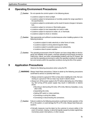 !
!
!
!
!
ix
4 Operating Environment Precautions
Caution Do not operate the control system in the following places:
• Locations subject to direct sunlight.
• Locations subject to temperatures or humidity outside the range specified in
the specifications.
• Locations subject to condensation as the result of severe changes in tempera-
ture.
• Locations subject to corrosive or flammable gases.
• Locations subject to dust (especially iron dust) or salts.
• Locations subject to exposure to water, oil, or chemicals.
• Locations subject to shock or vibration.
Caution Take appropriate and sufficient countermeasures when installing systems in the
following locations:
• Locations subject to static electricity or other forms of noise.
• Locations subject to strong electromagnetic fields.
• Locations subject to possible exposure to radioactivity.
• Locations close to power supplies.
Caution The operating environment of the PC System can have a large effect on the lon-
gevity and reliability of the system. Improper operating environments can lead to
malfunction, failure, and other unforeseeable problems with the PC System. Be
sure that the operating environment is within the specified conditions at installa-
tion and remains within the specified conditions during the life of the system.
5 Application Precautions
Observe the following precautions when using the PC.
WARNING Always heed these precautions. Failure to abide by the following precautions
could lead to serious or possibly fatal injury.
• Always connect to a ground of 100 Ω or less when installing the Units. Not con-
necting to a ground of 100 Ω or less may result in electric shock.
• Always turn off the power supply to the PC before attempting any of the follow-
ing. Not turning off the power supply may result in malfunction or electric
shock.
• Mounting or dismounting I/O Units, CPU Units, Memory Cassettes, or any
other Units.
• Assembling the Units.
• Setting DIP switch or rotary switches.
• Connecting or wiring the cables.
• Connecting or disconnecting the connectors.
Caution Failure to abide by the following precautions could lead to faulty operation of the
PC or the system, or could damage the PC or PC Units. Always heed these pre-
cautions.
• Fail-safe measures must be taken by the customer to ensure safety in the
event of incorrect, missing, or abnormal signals caused by broken signal lines,
momentary power interruptions, or other causes.
Application Precautions 5
 