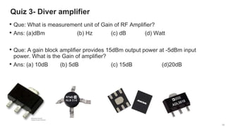 18
18
Quiz 3- Diver amplifier
18
• Que: What is measurement unit of Gain of RF Amplifier?
• Ans: (a)dBm (b) Hz (c) dB (d) Watt
• Que: A gain block amplifier provides 15dBm output power at -5dBm input
power. What is the Gain of amplifier?
• Ans: (a) 10dB (b) 5dB (c) 15dB (d)20dB
 