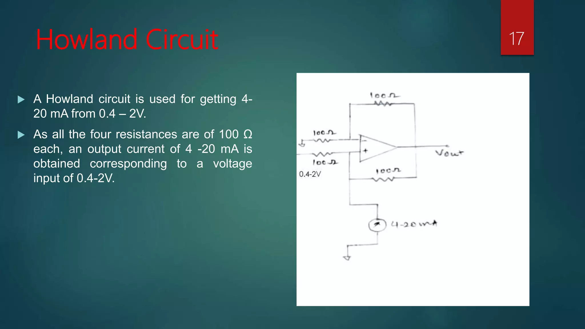Howland Circuit
A Howland circuit is used for getting 4-
20 mA from 0.4 – 2V.
As all the four resistances are of 100 Ω
each, an output current of 4 -20 mA is
obtained corresponding to a voltage
input of 0.4-2V.
17