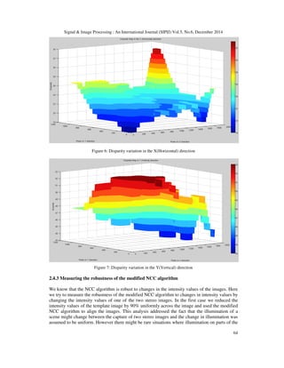 Signal & Image Processing : An International Journal (SIPIJ) Vol.5, No.6, December 2014
64
Figure 6: Disparity variation in the X(Horizontal) direction
Figure 7: Disparity variation in the Y(Vertical) direction
2.4.3 Measuring the robustness of the modified NCC algorithm
We know that the NCC algorithm is robust to changes in the intensity values of the images. Here
we try to measure the robustness of the modified NCC algorithm to changes in intensity values by
changing the intensity values of one of the two stereo images. In the first case we reduced the
intensity values of the template image by 90% uniformly across the image and used the modified
NCC algorithm to align the images. This analysis addressed the fact that the illumination of a
scene might change between the capture of two stereo images and the change in illumination was
assumed to be uniform. However there might be rare situations where illumination on parts of the
 