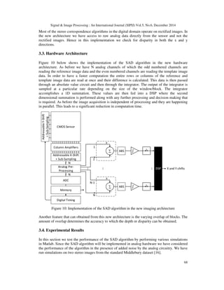 Signal & Image Processing : An International Journal (SIPIJ) Vol.5, No.6, December 2014
68
Most of the stereo correspondence algorithms in the digital domain operate on rectified images. In
the new architecture we have access to raw analog data directly from the sensor and not the
rectified images. Hence in this implementation we check for disparity in both the x and y
directions.
3.3. Hardware Architecture
Figure 10 below shows the implementation of the SAD algorithm in the new hardware
architecture. As before we have N analog channels of which the odd numbered channels are
reading the reference image data and the even numbered channels are reading the template image
data. In order to have a faster computation the entire rows or columns of the reference and
template image data are read at once and their difference is calculated. This data is then passed
through an absolute value circuit and then through the integrator. The output of the integrator is
sampled at a particular rate depending on the size of the window/block. The integrator
accomplishes a 1D summation. These values are then fed into a DSP where the second
dimensional summation is performed along with any further processing and decision making that
is required. As before the image acquisition is independent of processing and they are happening
in parallel. This leads to a significant reduction in computation time.
CMOS Sensor
AddressableY-Shift
+Sub-Sampling
Column Amplifiers
Digital Timing
ADC
Addressable X-Shift
+ Sub-Sampling
Memory
DSP
N
N-1
1
2
X and Y shifts
ʃ∑
R
-
ʃ
R
N
N
Analog Pre-
Processing
ABS
∑ ABS
-
Figure 10: Implementation of the SAD algorithm in the new imaging architecture
Another feature that can obtained from this new architecture is the varying overlap of blocks. The
amount of overlap determines the accuracy to which the depth or disparity can be obtained.
3.4. Experimental Results
In this section we test the performance of the SAD algorithm by performing various simulations
in Matlab. Since the SAD algorithm will be implemented in analog hardware we have considered
the performance of the algorithm in the presence of added noise by the analog circuitry. We have
run simulations on two stereo images from the standard Middlebury dataset [16].
 