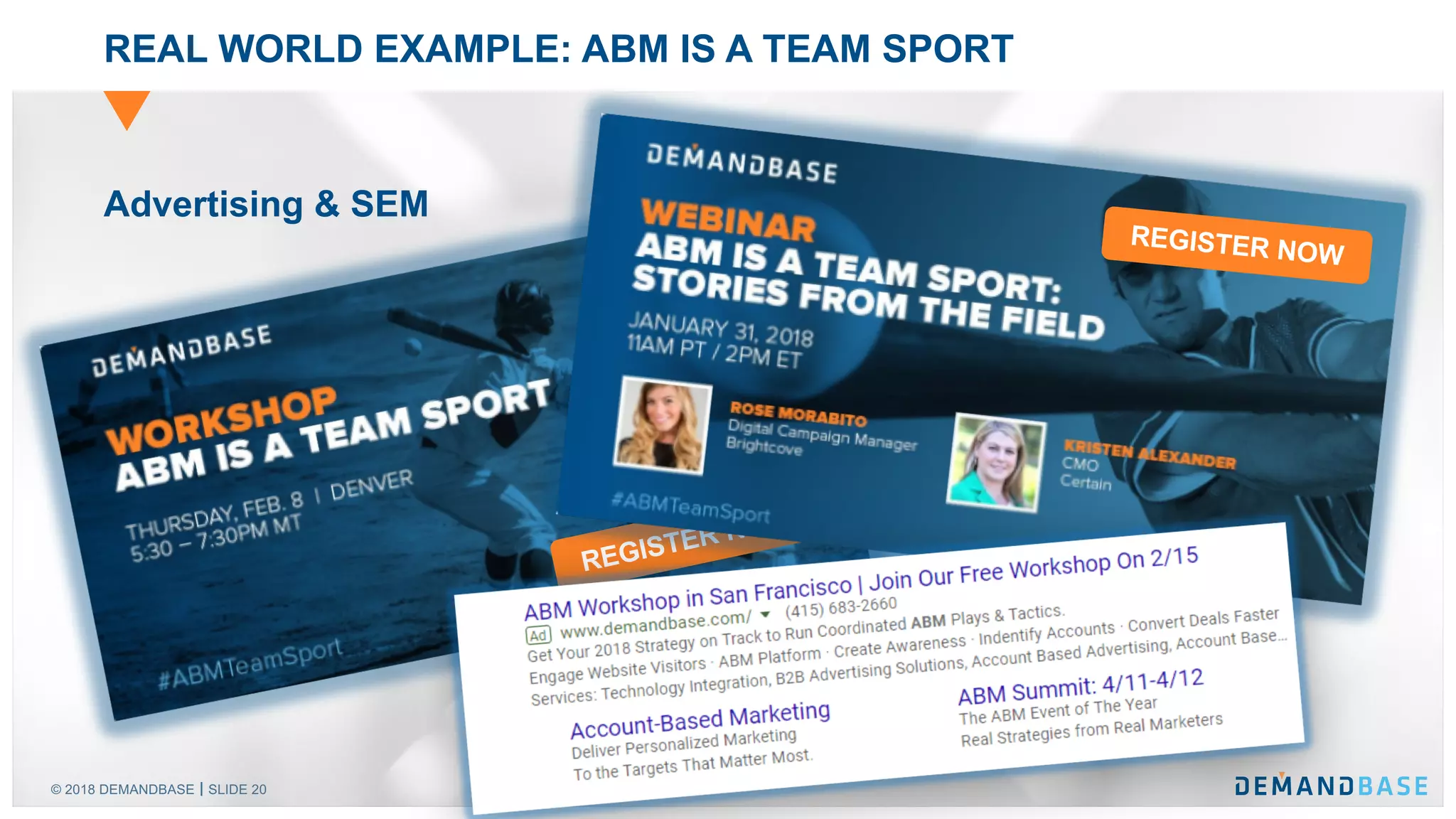 © 2018 DEMANDBASE SLIDE 20
REAL WORLD EXAMPLE: ABM IS A TEAM SPORT
Advertising & SEM
REGISTER NOW
REGISTER NOW
 