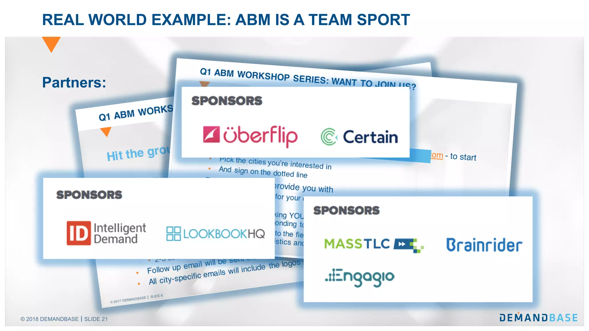 © 2018 DEMANDBASE SLIDE 21
REAL WORLD EXAMPLE: ABM IS A TEAM SPORT
Partners:
 