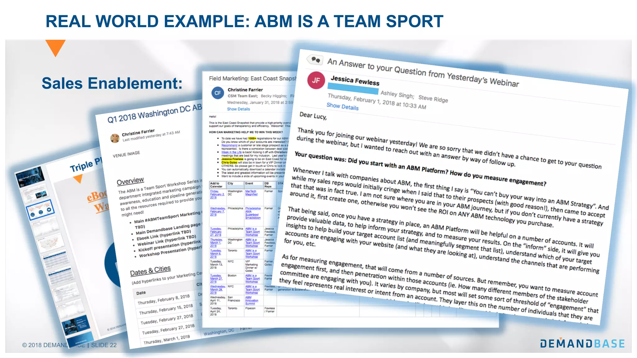 © 2018 DEMANDBASE SLIDE 22
REAL WORLD EXAMPLE: ABM IS A TEAM SPORT
Sales Enablement:
 