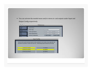 • You can activate the needed mono and/or stereo in- and outputs under Input and
Output Config respectively.
 