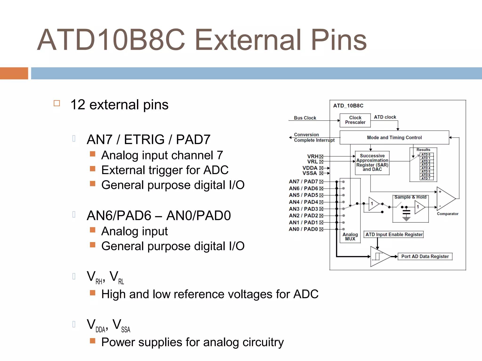 ATD10B8C External Pins
 12 external pins
 AN7 / ETRIG / PAD7
 Analog input channel 7
 External trigger for ADC
 General purpose digital I/O
 AN6/PAD6 – AN0/PAD0
 Analog input
 General purpose digital I/O
 VRH, VRL
 High and low reference voltages for ADC
 VDDA, VSSA
 Power supplies for analog circuitry
 