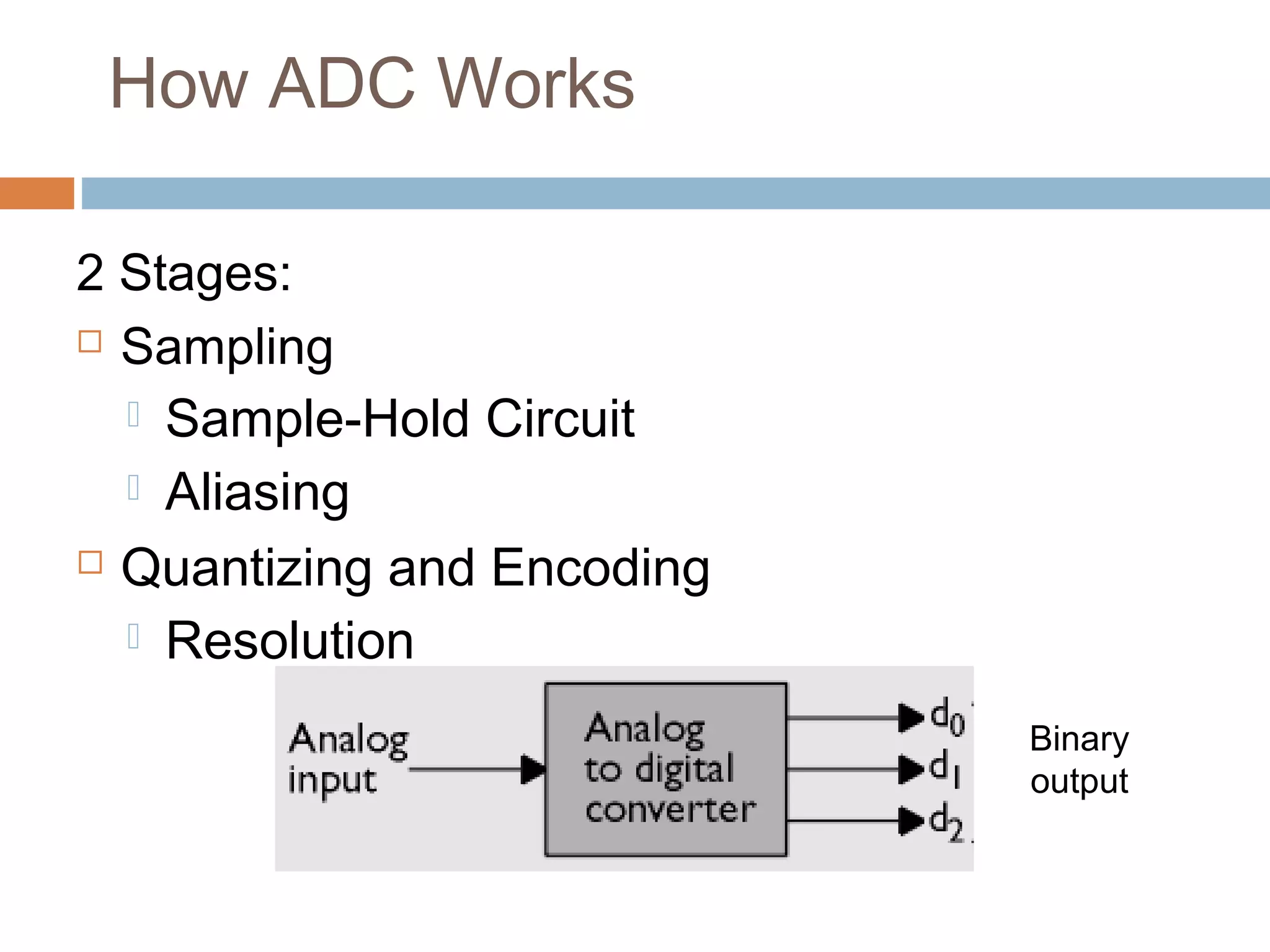 How ADC Works
2 Stages:
 Sampling
 Sample-Hold Circuit
 Aliasing
 Quantizing and Encoding
 Resolution
Binary
output
 