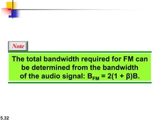 5.32
The total bandwidth required for FM can
be determined from the bandwidth
of the audio signal: BFM = 2(1 + β)B.
Note
 