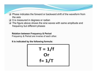  Phase indicates the forward or backward shift of the waveform from
the axis
 It is measured in degrees or radian
 The figure above shows the sine waves with same amplitude and
frequency but different phases
Relation between Frequency & Period
Frequency & Period are inverse of each other.
It is indicated by the following formula:
 