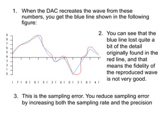 1. When the DAC recreates the wave from these
   numbers, you get the blue line shown in the following
   figure:
                                   2. You can see that the
                                      blue line lost quite a
                                      bit of the detail
                                      originally found in the
                                      red line, and that
                                      means the fidelity of
                                      the reproduced wave
                                      is not very good.


3. This is the sampling error. You reduce sampling error
   by increasing both the sampling rate and the precision
 