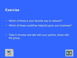 Exercise
• Which of these is your favorite way to network?
• Which of these could/has help(ed) grow your business?
• Take 5 minutes and talk with your partner; share with
the group.
 
