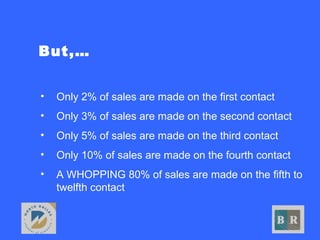 But,…
• Only 2% of sales are made on the first contact
• Only 3% of sales are made on the second contact
• Only 5% of sales are made on the third contact
• Only 10% of sales are made on the fourth contact
• A WHOPPING 80% of sales are made on the fifth to
twelfth contact
 