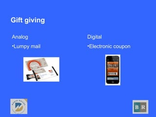Gift giving
Digital
•Electronic coupon
Analog
•Lumpy mail
 