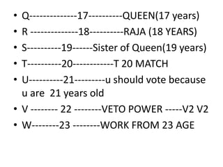 • Q--------------17----------QUEEN(17 years)
• R --------------18----------RAJA (18 YEARS)
• S----------19------Sister of Queen(19 years)
• T----------20------------T 20 MATCH
• U----------21---------u should vote because• U----------21---------u should vote because
u are 21 years old
• V -------- 22 --------VETO POWER -----V2 V2
• W--------23 --------WORK FROM 23 AGE
 