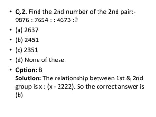 • Q.2. Find the 2nd number of the 2nd pair:-
9876 : 7654 : : 4673 :?
• (a) 2637
• (b) 2451
• (c) 2351
• (d) None of these• (d) None of these
• Option: B
Solution: The relationship between 1st & 2nd
group is x : (x - 2222). So the correct answer is
(b)
 