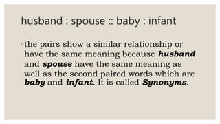 husband : spouse :: baby : infant
◦the pairs show a similar relationship or
have the same meaning because husband
and spouse have the same meaning as
well as the second paired words which are
baby and infant. It is called Synonyms.
 