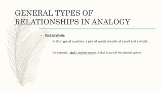 GENERAL TYPES OF
RELATIONSHIPS IN ANALOGY
– Part to Whole
In this type of question, a pair of words consists of a part and a whole.
For example, skull : skeletal system. A skull is part of the skeletal system.
 