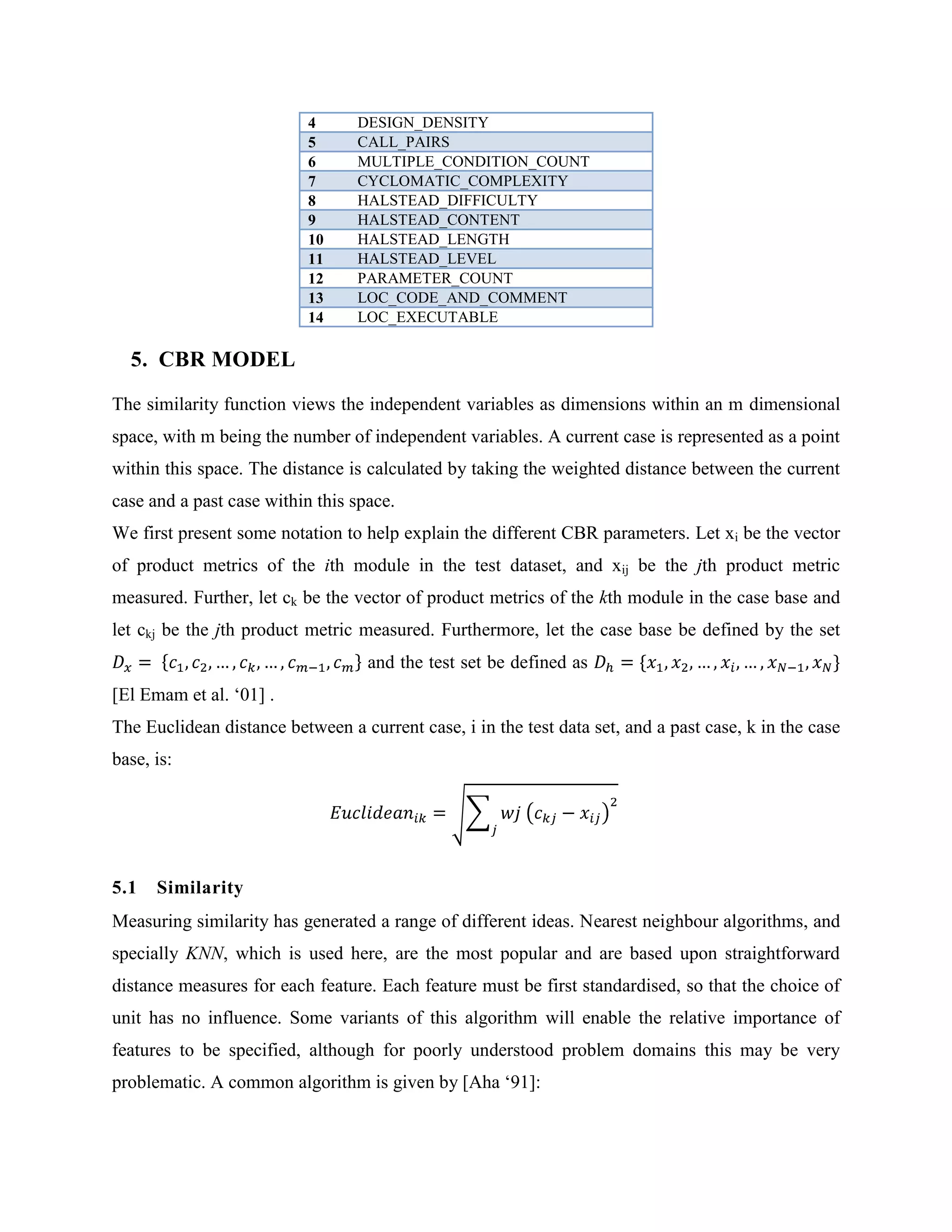 Model Scalability: CBR systems are scalable to very large case libraries, and fast retrieval of cases continues to be of practical advantage. References<br />[Admodt et al. ‘94] <br />Aamodt A., Plaza E., Case-Based Reasoning: Foundational Issues, Methodological Variations, and System Approaches, Artificial Intelligence Communications, vol. 7 (1), 1994. pp. 39-52.<br />[Aha ‘91] <br />Aha, D.W., Case-based learning algorithms, DARPA Case-Based Reasoning Workshop, Morgan Kaufmann, 1991.<br />[Catal et al. ‘08] <br />Catal C., Diri B., A systematic review of software fault prediction studies, Expert Systems with Applications, vol. 36, 2008, pp. 7346-7354.<br />[El Emam et al. ‘01] <br />El Emam K., Benlarbi S., Goel N., Rai S. N., Comparing case-based reasoning classifiers for predicting high risk software components, The Journal of Systems and Software, vol. 55, 2001, pp. 301-320.<br /> [Khoshgoftaar et al. ‘97] <br />Khoshgoftaar T. M., Ganesan K., Allen E. B., Ross F. D., Munikoti R., Goel N., Nandi A., Predicting fault-prone modules with case-based reasoning, 8th International Symposium on Software Reliability Engineering, IEEE Computer Society, 1997, pp. 27–35.<br />[Khoshgoftaar et al. ‘03] <br />Khoshgoftaar T.M., Seliya N., Analogy-based practical classification rules for software quality estimation, Empirical Software Engineering, vol 8, 2003, pp. 325–350.<br />[Kohavi ‘97] <br />Kohavi R., John G.H., Wrappers for feature selection for machine learning, Artificial Intelligence, 1997, pp. 273-324.<br />[Larose ‘05] <br />Daniel T. Larose, DISCOVERINGKNOWLEDGE IN DATA; an Introduction to Data Mining, Wiley, New Jersey, 2005, Chapter 7: Neural Networks, pp. 128-147. <br />[Li et al. ‘08] <br />Jingzhu Li, Ruhe G., Software effort estimation by analogy using attribute selection based on rough set analysis, International Journal of Software Engineering and Knowledge Engineering, Vol. 18 (1), 2008, pp. 1-23.<br />[Little et al. ‘02] <br />Little R. J. A., Rubin D.B., Statistical Analysis with Missing Data, 2nd edition, John Wiley & Sons, New York, 2002.<br />[Mahar et al. ‘06]<br />Mahar K., El Deraa A., software project estimation model using function point analysis with cbr support, IADIS International Conference Applied Computing, 2006, pp. 508-512.<br />[URL 1] URL: http://mdp.ivv.nasa.gov, Last Accessed on 4/12/2009.<br />[URL 2] URL: http://promisedata.org/, Last Accessed on 4/12/2009.<br />[URL 3] URL: http://en.wikipedia.org/wiki/Main_Page, Last Accessed on 4/12/2009.<br />