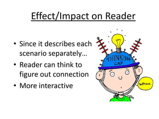 • Since it describes each
scenario separately…
• Reader can think to
figure out connection
• More interactive
Effect/Impact on Reader
 