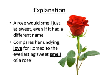 • A rose would smell just
as sweet, even if it had a
different name
• Compares her undying
love for Romeo to the
everlasting sweet smell
of a rose
Explanation
 