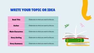 Book Title Elaborate on what you want to discuss.
Author Elaborate on what you want to discuss.
Main Characters Elaborate on what you want to discuss.
Story Setting Elaborate on what you want to discuss.
Story Summary Elaborate on what you want to discuss.
WRITE YOUR TOPIC OR IDEA
 