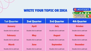 1st Quarter 2nd Quarter 3rd Quarter 4th Quarter
January April July October
Double click to add task Double click to add task Double click to add task Double click to add task
February May August November
Double click to add task Double click to add task Double click to add task Double click to add task
March June September December
Double click to add task Double click to add task Double click to add task Double click to add task
WRITE YOUR TOPIC OR IDEA
 