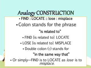  FIND : LOCATE :: lose : misplace 
Colon stands for the phrase 
“is related to” 
 FIND [is related to] LOCATE 
 LOSE [is related to] MISPLACE 
 Double colon (::) stands for 
“in the same way that” 
 Or simply—FIND is to LOCATE as lose is to 
misplace. 
 