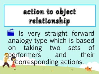  Is very straight forward 
analogy type which is based 
on taking two sets of 
performers and their 
corresponding actions. 
 