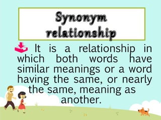  It is a relationship in 
which both words have 
similar meanings or a word 
having the same, or nearly 
the same, meaning as 
another. 
 