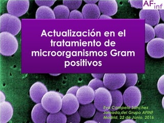 Actualización en el
tratamiento de
microorganismos Gram
positivos
Eva Campelo Sánchez
Jornada del Grupo AFINF
Madrid, 22 de Junio, 2016
 
