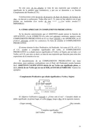 10
En este caso, de los abuelos se trata de una expresión que completa el
significado de la palabra casa (sustantivo), y por eso se denomina a su función
Complemento del Nombre (C.N.).
Construcciones como de mi tío, de mi perro, de Juan, de Antonio, de Carmen, de
Ana... no dan pie a confusiones. Todas ellas son C. N., pues no hay adjetivo con el que
puedan ser sustituidas (Las tardes de Ana ===> ¡¡¿¿Las tardes anadas!!??
IMPOSIBLE). C. N.
9.- CÓMO APRECIAR UN COMPLEMENTO PREDICATIVO.-
Se ha descrito anteriormente que el ADJETIVO puede ejercer la función de
ADYACENTE y la de ATRIBUTO (La niña está enferma); asimismo, aparece como
COMPLEMENTO PREDICATIVO en El rey llegó cansado; y de APOSICIÓN, en El
profesor, distraído, perdió los exámenes). Es hora de estudiar el COMPLEMENTO
PREDICATIVO:
El mismo término lo dice: Predicativo, de Predicado. Así como el C.D., el C.I. y
el C.C. ayudan a completar significados del verbo, el COMPLEMENTO
PREDICATIVO va a añadir nuevos significados al Verbo y al Sujeto, por un lado; o al
Verbo y al C.D., por otro; es decir, se trata de una expresión que funcione para otras dos
expresiones de la oración a la vez.
El descubrimiento de un COMPLEMENTO PREDICATIVO (no tiene
abreviatura, pues podemos confundirnos con el Pred. del Predicado) resulta bastante
fácil: ADJETIVO CALIFICATIVO detrás de un Verbo con significado pleno, es
decir, detrás de un Verbo que no sea ni SER, ni ESTAR ni PARECER. Veamos los
ejemplos:
- Complemento Predicativo que añade significados a Verbo y Sujeto:
El rey llegó cansado
DET. N. N. V. NÚCLEO
COMPL. PREDICATIVO
S.N. S. V. (PREDIC. VERBAL)
(SUJETO)
El Adjetivo Calificativo Cansado (- ¿Cómo está el rey? - Cansado) añade un
doble significado: en primer lugar, al verbo Llegar, luego a Rey, de la siguiente manera:
- Llegar cansado. - Rey cansado.
Completa significados
(del Verbo) (del Sujeto)
 