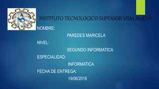 INSTITUTO TECNOLOGICO SUPERIOR VIDA NUEVA
NOMBRE:
PAREDES MARICELA
NIVEL:
SEGUNDO INFORMATICA
ESPECIALIDAD:
INFORMATICA
FECHA DE ENTREGA:
19/06/2016
 