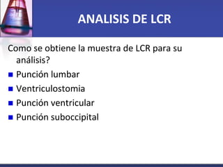 ANALISIS DE LCR

Como se obtiene la muestra de LCR para su
  análisis?
 Punción lumbar
 Ventriculostomia
 Punción ventr...