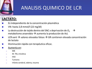 ANALISIS QUIMICO DE LCR
LACTATO:
       Es independiente de la concentración plasmática
       VN: hasta 2,8 mmol/l (22 ...