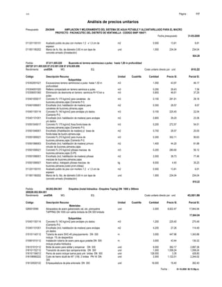 S10 Página : 117
Análisis de precios unitarios
Presupuesto 2043649 AMPLIACION Y MEJORAMIENTO DEL SISTEMA DE AGUA POTABLE Y ALCANTARILLADO PARA EL MACRO
PROYECTO - PACHACUTEC DEL DISTRITO DE VENTANILLA - CODIGO SNIP 106471
Fecha presupuesto 31-05-2009
Fecha : 01-10-2009 06:15:58p.m.
011201100151 Acabado pulido de piso con mortero 1:2 x 1,5 cm de m2 0.500 13.81 6.91
espesor
011901180202 Marco de fo. fdo. de diámetro 0,60 m con tapa de und 1.000 234.04 234.04
concreto armado (i/instalación)
924.28
Partida 07.011.005.020 Buzonete en terreno semirocoso a pulso hasta 1,00 m profundidad
(007)07.011.005.020 07.012.001.038 07.016.005.006
Rendimiento und/DIA MO. EQ. Costo unitario directo por : und 810.22
Código Descripción Recurso Unidad Cuadrilla Cantidad Precio S/. Parcial S/.
Subpartidas
010302051021 Excavaciones terreno semirocoso a pulso hasta 1,50 m m3 1.050 43.97 46.17
profundidad
010304051020 Relleno compactado en terreno semiroca a pulso m3 0.250 29.43 7.36
010306051060 Eliminación de desmonte en terreno semiroca R=10 km a m3 0.800 46.61 37.29
pulso
010401055017 Concreto f'c 175 kg/cm2 para canaletas de m3 0.100 281.81 28.18
buzones,cámaras,cajas (Cemento P-I)
010401056001 Encofrado (incl. habilitación de madera) para m2 0.300 28.57 8.57
canaletas de buzones,cámaras,cajas
010401100114 Concreto f'c 140 kg/cm2 para anclajes y/o dados m3 0.100 225.40 22.54
(Cemento P-I)
010401101001 Encofrado (incl. habilitación de madera) para anclajes m2 0.800 29.20 23.36
y/o dados
010501045017 Concreto f'c 175 kg/cm2 /losa fondo-base de m3 0.200 272.57 54.51
buzones,cámaras,cajas (Cemento P-I)
010501046001 Encofrado (i/habilitación de madera) p/ losas de m2 0.700 28.57 20.00
fondo-base de buzón,cámara,caja
010501065021 Concreto f'c 210 kg/cm2 para muros de m3 0.300 302.11 90.63
buzones,cámaras,cajas (Cemento P-I)
010501066003 Encofrado (incl. habilitación de madera) p/muro m2 1.400 44.20 61.88
circular de buzones,cámaras,cajas
010501095021 Concreto f'c 210 kg/cm2 p/losas macizas de m3 0.200 280.60 56.12
buzones,cámaras,cajas (C-PI)
010501096001 Encofrado (incl. habilitación de madera) p/losas m2 2.000 38.73 77.46
macizas de buzones,cámaras,cajas
010501096501 Acero estruc. trabajado p/losas macizas de kg 8.000 4.40 35.20
buzones,cámaras,(costo prom.i/desp)
011201100151 Acabado pulido de piso con mortero 1:2 x 1,5 cm de m2 0.500 13.81 6.91
espesor
011901180202 Marco de fo. fdo. de diámetro 0,60 m con tapa de und 1.000 234.04 234.04
concreto armado (i/instalación)
810.22
Partida 08.002.004.001 Empalme (instal hidraúlica - Empalme Taping) DN 1000 x 300mm
(008)08.002.004.001
Rendimiento und/DIA MO. EQ. Costo unitario directo por : und 43,501.99
Código Descripción Recurso Unidad Cuadrilla Cantidad Precio S/. Parcial S/.
Materiales
0265010090 Abrazadera de acero galvanizado cal. s/e. p/empalme und 2.000 8,922.47 17,844.94
TAPPING DN 1000 con salida bridada de DN 300 bridada
17,844.94
Subpartidas
010401100114 Concreto f'c 140 kg/cm2 para anclajes y/o dados m3 1.200 225.40 270.48
(Cemento P-I)
010401101001 Encofrado (incl. habilitación de madera) para anclajes m2 4.200 27.26 114.49
y/o dados
015101140112 Tubería de acero SHC-40 p/equipamiento DN 300 m 3.000 447.96 1,343.88
incluye 1% de desperdicio
015901010112 Instalación tubería de acero para agua potable DN 300 m 3.000 43.44 130.32
incluye prueba hidráulica
016101010112 Brida de acero para soldar y empernar DN 300 und 8.000 362.17 2,897.36
016101152112 Transición de acero tipo campana-brida DN 300 und 1.000 1,558.24 1,558.24
016101184012 Perno de acero incluye tuerca para unir bridas DN 300 und 128.000 3.35 428.80
016108060222 Codo de hierro dúctil de 45° (1/8) 2 bridas PN 16 DN und 2.000 1,122.01 2,244.02
300
016120020122 Empaquetadura de jebe enlonada DN 300 und 16.000 16.40 262.40
 