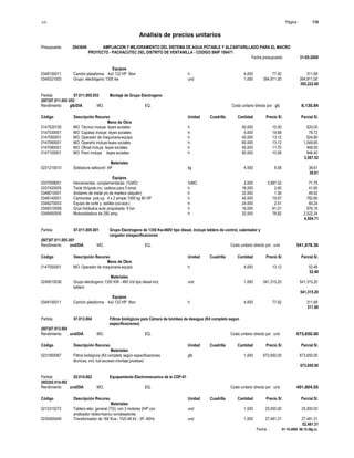S10 Página : 119
Análisis de precios unitarios
Presupuesto 2043649 AMPLIACION Y MEJORAMIENTO DEL SISTEMA DE AGUA POTABLE Y ALCANTARILLADO PARA EL MACRO
PROYECTO - PACHACUTEC DEL DISTRITO DE VENTANILLA - CODIGO SNIP 106471
Fecha presupuesto 31-05-2009
Fecha : 01-10-2009 06:15:58p.m.
Equipos
0348100011 Camión plataforma 4x2 122 HP 8ton h 4.000 77.92 311.68
0349321003 Grupo electrógeno 1350 kw und 1.000 394,911.00 394,911.00
395,222.68
Partida 07.011.005.053 Montaje de Grupo Electrogeno
(007)07.011.005.053
Rendimiento glb/DIA MO. EQ. Costo unitario directo por : glb 8,130.84
Código Descripción Recurso Unidad Cuadrilla Cantidad Precio S/. Parcial S/.
Mano de Obra
0147020100 MO: Técnico incluye leyes sociales h 40.000 15.50 620.00
0147030001 MO: Capataz incluye leyes sociales h 4.000 19.68 78.72
0147050001 MO: Operador de maquinaria-equipo h 40.000 13.12 524.80
0147060001 MO: Operario incluye leyes sociales h 80.000 13.12 1,049.60
0147080001 MO: Oficial incluye leyes sociales h 40.000 11.70 468.00
0147100001 MO: Peon incluye leyes sociales h 80.000 10.58 846.40
3,587.52
Materiales
0231210010 Soldadura cellocord AP kg 4.500 8.58 38.61
38.61
Equipos
0337009001 Herramientas complementarias (%MO) %MO 2.000 3,587.52 71.75
0337420005 Tecle t/trípode inc. cadena para 5 tonel. h 16.000 2.60 41.60
0348010001 Andamio de metal y/o de madera (alquiler) h 32.000 1.56 49.92
0348140001 Camioneta pick-up 4 x 2 simple 1000 kg 90 HP h 40.000 19.57 782.80
0348270003 Equipo de corte y soldeo (oxi-ace.) h 24.000 2.51 60.24
0349310009 Grúa hidráulica auto propulsada 9 ton h 16.000 61.01 976.16
0349450005 Motosoldadora de 250 amp. h 32.000 78.82 2,522.24
4,504.71
Partida 07.011.005.001 Grupo Electrogeno de 1350 Kw-460V tipo diesel, incluye tablero de control, calentador y
cargador s/especificaciones
(007)07.011.005.001
Rendimiento und/DIA MO. EQ. Costo unitario directo por : und 541,679.36
Código Descripción Recurso Unidad Cuadrilla Cantidad Precio S/. Parcial S/.
Mano de Obra
0147050001 MO: Operador de maquinaria-equipo h 4.000 13.12 52.48
52.48
Materiales
0249010036 Grupo electrogeno 1350 KW - 460 Vol tipo diesel incl, und 1.000 541,315.20 541,315.20
tablero
541,315.20
Equipos
0348100011 Camión plataforma 4x2 122 HP 8ton h 4.000 77.92 311.68
311.68
Partida 07.013.004 Filtros biológicos para Cámara de bombeo de desague (Kit completo segun
especificaciones)
(007)07.013.004
Rendimiento und/DIA MO. EQ. Costo unitario directo por : und 673,650.00
Código Descripción Recurso Unidad Cuadrilla Cantidad Precio S/. Parcial S/.
Materiales
0231950067 Filtros biológicos (Kit completo según especificaciones glb 1.000 673,650.00 673,650.00
técnicas, incl. tub-accesor,montaje,pruebas)
673,650.00
Partida 02.014.002 Equipamiento Electromecanico de la CDP-01
(002)02.014.002
Rendimiento und/DIA MO. EQ. Costo unitario directo por : und 401,804.05
Código Descripción Recurso Unidad Cuadrilla Cantidad Precio S/. Parcial S/.
Materiales
0212310272 Tablero eléc. general (TG), con 3 motores 2HP con und 1.000 25,000.00 25,000.00
analizador redes+banco condesadores
0230400449 Transformador de 160 Kva - 10/0.46 kV - 3F- 60Hz und 1.000 27,481.31 27,481.31
52,481.31
 