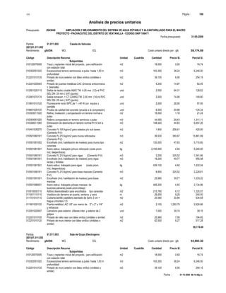 S10 Página : 186
Análisis de precios unitarios
Presupuesto 2043649 AMPLIACION Y MEJORAMIENTO DEL SISTEMA DE AGUA POTABLE Y ALCANTARILLADO PARA EL MACRO
PROYECTO - PACHACUTEC DEL DISTRITO DE VENTANILLA - CODIGO SNIP 106471
Fecha presupuesto 31-05-2009
Fecha : 01-10-2009 06:15:58p.m.
Partida 01.011.002 Caseta de Valvulas
(001)01.011.002
Rendimiento glb/DIA MO. EQ. Costo unitario directo por : glb 59,174.69
Código Descripción Recurso Unidad Cuadrilla Cantidad Precio S/. Parcial S/.
Subpartidas
010120070005 Trazo y replanteo inicial del proyecto, para edificación m2 18.000 0.93 16.74
con estación total
010302051020 Excavaciones terreno semirocoso a pulso hasta 1,00 m m3 163.350 38.24 6,246.50
profundidad
012201010135 Pintado de muro exterior con látex vinílico (vinilátex o m2 39.100 6.50 254.15
similar)
012201020045 Pintado de puertas metálicas LAC (2manos anticorrosiva m2 4.200 14.87 62.45
+ 2esmalte)
012901020115 Salida de techo c/cable AWG TW 4,00 mm (12)+d PVC und 2.000 64.31 128.62
SEL DN 20 mm ( 3/4") (punto)
012901070174 Salida tomacorr. + CT C/AWG TW 2,50 mm (14)+d PVC und 2.000 74.95 149.90
SEL DN 20 mm ( 3/4") (punto)
013601010120 Fluorescente recto ISPE de 1 x 40 W con equipo y und 2.000 28.50 57.00
pantalla
019601020120 Prueba de calidad del concreto (prueba a la compresión) und 6.000 20.89 125.34
010303011020 Refine, nivelación y compactación en terreno normal a m2 18.000 1.18 21.24
pulso
010304051020 Relleno compactado en terreno semiroca a pulso m3 44.550 29.43 1,311.11
010306011060 Eliminación de desmonte en terreno normal R=10 km a m3 148.500 44.83 6,657.26
pulso
010401030270 Concreto f'c 100 kg/cm2 para solados y/o sub bases m3 1.800 236.61 425.90
(Cemento P-V)
010501060181 Concreto f'c 210 kg/cm2 para muros reforzados m3 39.530 350.67 13,861.99
(Cemento P-V)
010501061002 Encofrado (incl. habilitación de madera) para muros tipo m2 120.000 47.63 5,715.60
caravista
010501061501 Acero estruc. trabajado p/muro reforzado (costo prom. kg 2,100.000 4.40 9,240.00
incl. desperdicios)
010501080181 Concreto f'c 210 kg/cm2 para vigas (Cemento P-V) m3 3.200 325.52 1,041.66
010501081001 Encofrado (incl. habilitación de madera) para vigas m2 19.200 49.77 955.58
rectas y dinteles
010501081501 Acero estruc. trabajado para vigas (costo prom. kg 439.100 4.40 1,932.04
incl. desperdicios)
010501090181 Concreto f'c 210 kg/cm2 para losas macizas (Cemento m3 6.850 325.52 2,229.81
P-V)
010501091001 Encofrado (incl. habilitación de madera) para losas m2 25.980 39.77 1,033.22
macizas
010501096501 Acero estruc. trabajado p/losas macizas de kg 485.200 4.40 2,134.88
buzones,cámaras,(costo prom.i/desp)
010510000110 Aditivo desmoldeador para encofrados tipo caravista m2 215.780 6.12 1,320.57
011001110110 Vestidura de derrame en puerta, ventana y vano m 26.000 9.25 240.50
011701010110 Cubierta ladrillo pastelero asentado de barro 3 cm + m2 20.580 30.84 634.69
fragua c/mortero 1:5
011901020120 Puerta metálica LAC 1/8" con marco de 2" x 2" x 1/4" m2 2.100 1,250.79 2,626.66
y refuerzos
012001020007 Cerradura para exterior, c/llaves inter. y exterior de 2 und 1.000 39.15 39.15
golpes
012201010105 Pintado de cielo raso con látex vinílico (vinilátex o similar) m2 25.980 7.50 194.85
012201010120 Pintado de muro interior con látex vinílico (vinilátex o m2 82.500 6.27 517.28
similar)
59,174.69
Partida 01.011.003 Sala de Grupo Electrogeno
(001)01.011.003
Rendimiento glb/DIA MO. EQ. Costo unitario directo por : glb 54,954.32
Código Descripción Recurso Unidad Cuadrilla Cantidad Precio S/. Parcial S/.
Subpartidas
010120070005 Trazo y replanteo inicial del proyecto, para edificación m2 18.000 0.93 16.74
con estación total
010302051020 Excavaciones terreno semirocoso a pulso hasta 1,00 m m3 163.350 38.24 6,246.50
profundidad
012201010135 Pintado de muro exterior con látex vinílico (vinilátex o m2 39.100 6.50 254.15
similar)
 